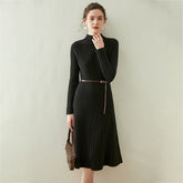 Mock Neck Ribbed Cashmere Knit Midi Dress with Flared Hem